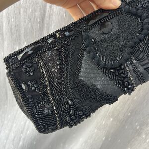 Mary Frances Black Beaded Clutch Purse with A Rhinestone and Pearl Floral Clasp